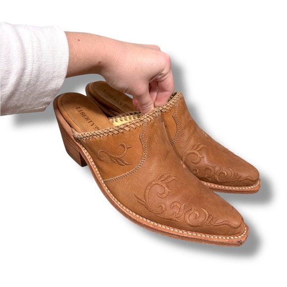 LIBERTY Black Brown Embroidered Leather Mules Size 9.5 - Picture 2 of 11